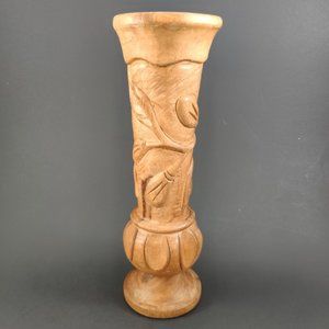 Vintage Hand Carved Wooden Relief Vase 10"